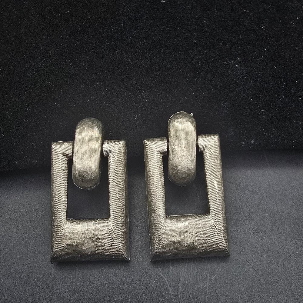 Brushed Silver Tone Door Knocker Clip On Earrings Vintage Jewelry